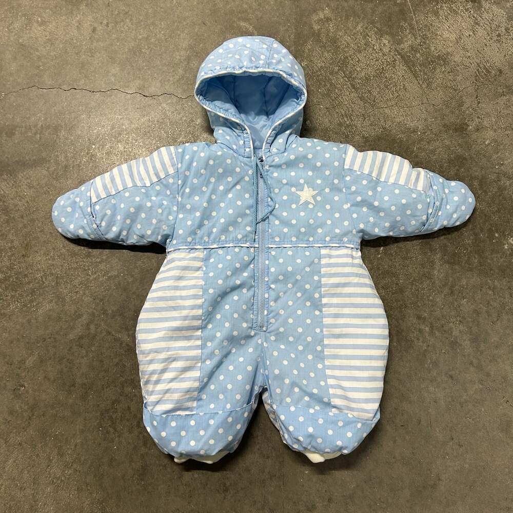 Weather Tamer Vintage 6-9M Blue Polka Dot and Striped Hooded Snowsuit Bunting